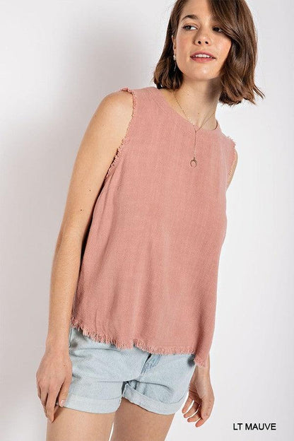 Sleeveless back button closure frayed top by VYSN