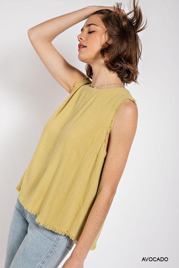 Sleeveless back button closure frayed top by VYSN