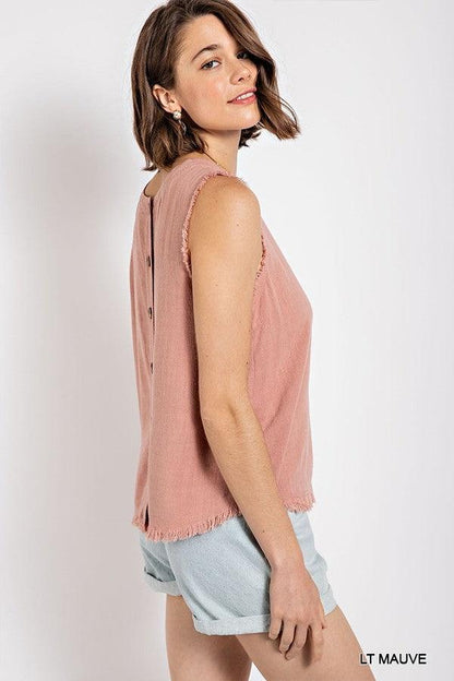 Sleeveless back button closure frayed top by VYSN