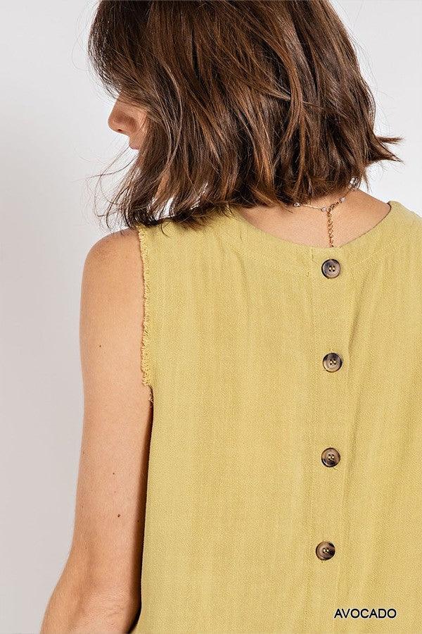 Sleeveless back button closure frayed top by VYSN