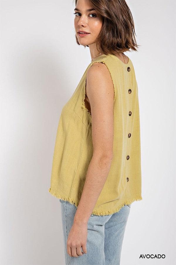 Sleeveless back button closure frayed top by VYSN