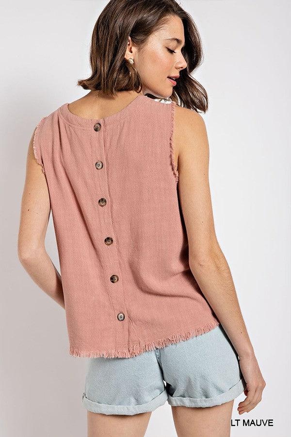 Sleeveless back button closure frayed top by VYSN