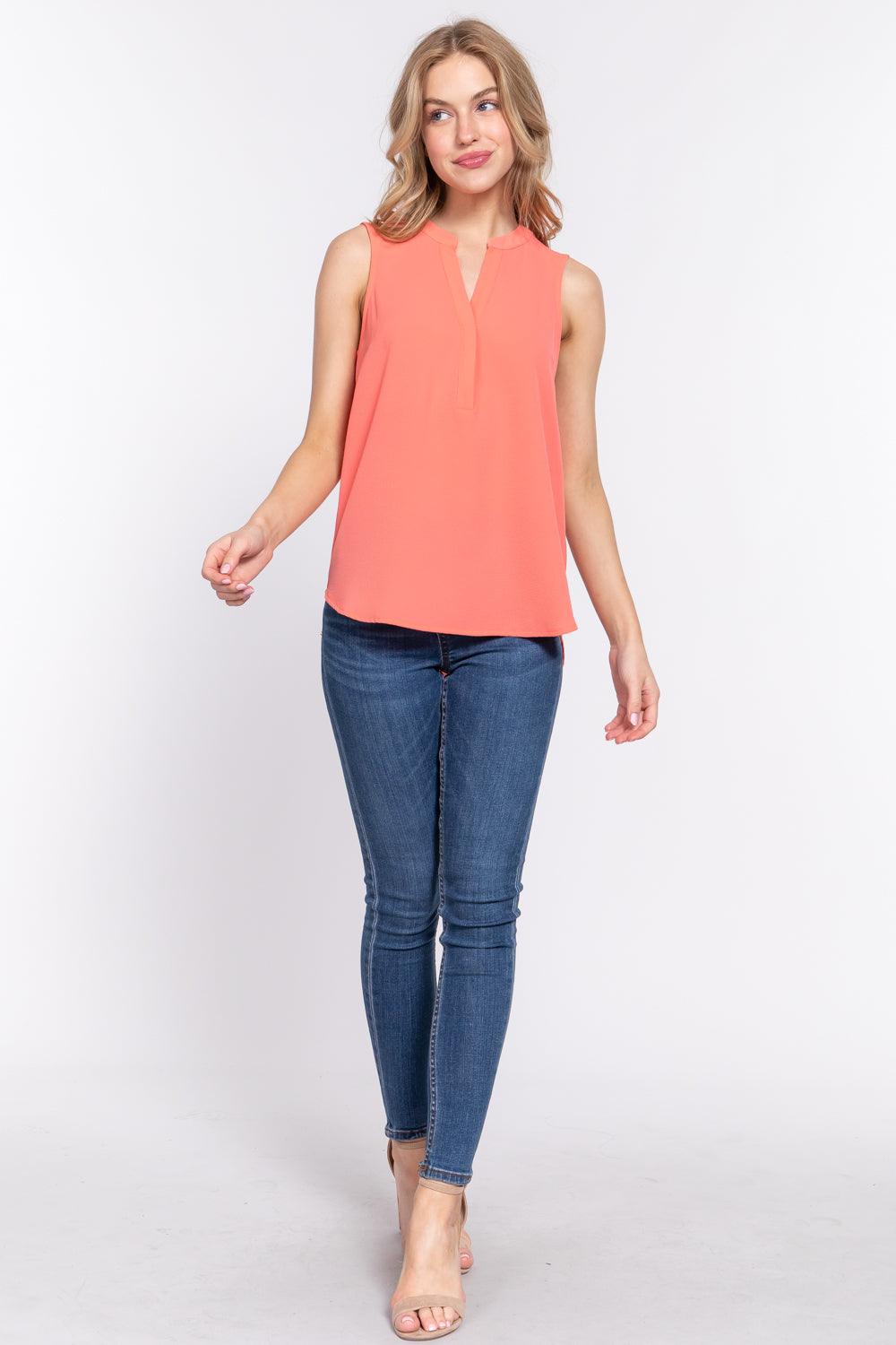 Sleeveless Henley Neck Woven Top by VYSN