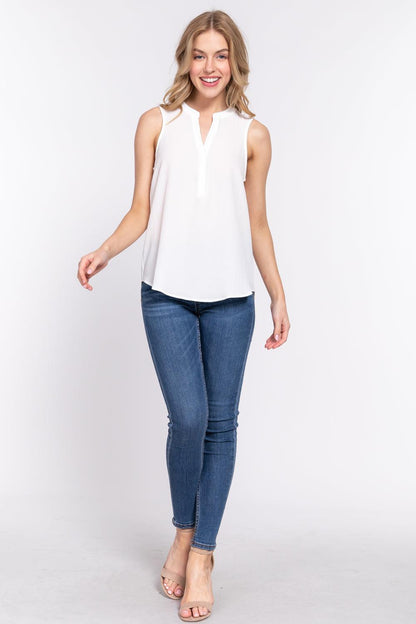 Sleeveless Henley Neck Woven Top by VYSN