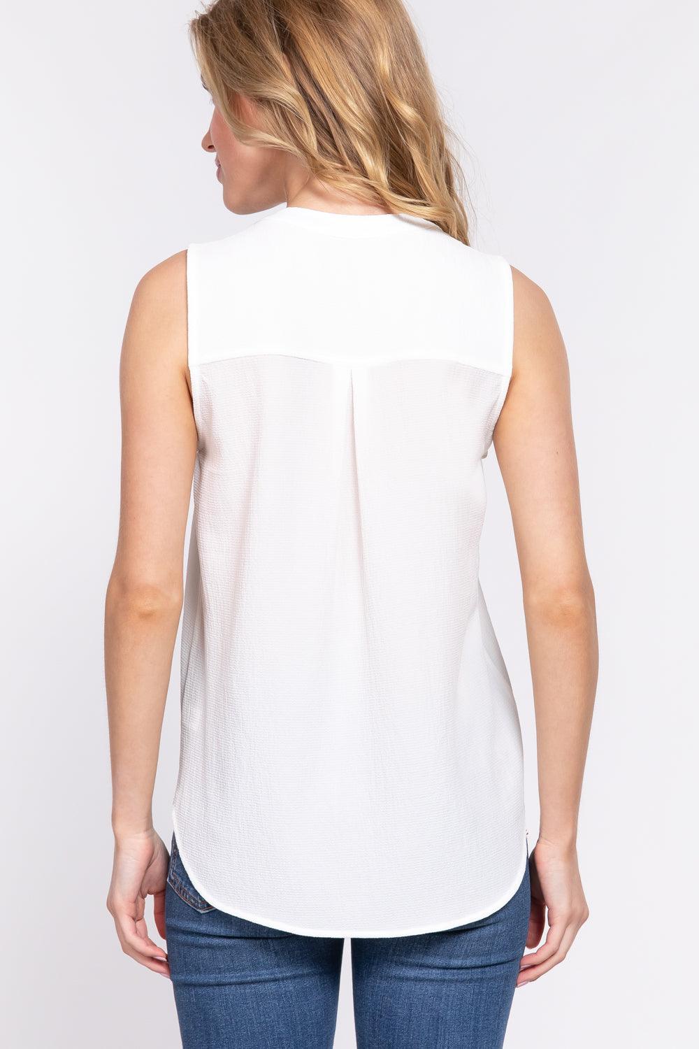 Sleeveless Henley Neck Woven Top by VYSN